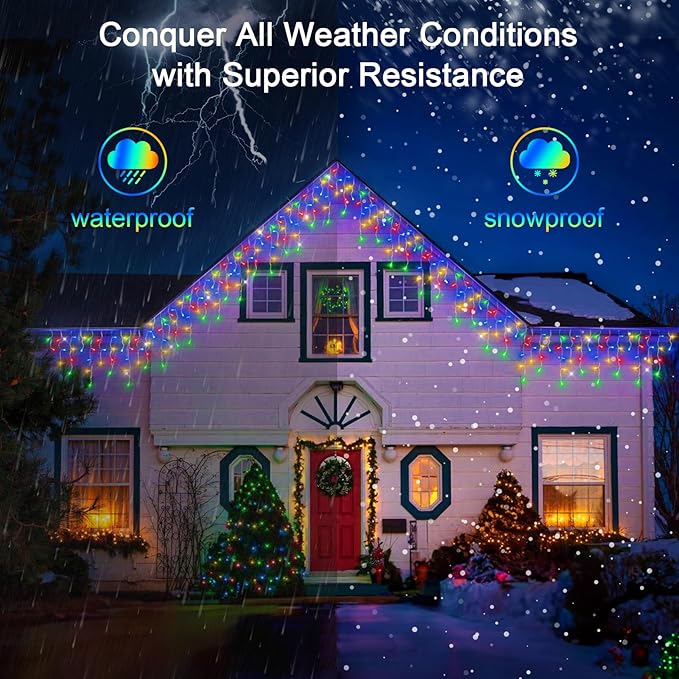 66ft LED Christmas Lights Outdoor with 140 Drops, Christmas Decorations Hanging Lights 490 LED 8 Lighting Modes, Outsite Fairy String Lights for House Xmas Wedding Party Holiday Decoration Multicolor