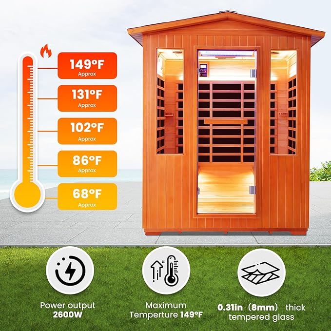 Outdoor Sauna 4 Person Infrared Saunas Outdoor Dry Sauna Room Wood Wooden Sauna Canadian Fir Red Cedar Low EMF 2600W/240V with Oxygen Bar, 7 Color Light, Control Panel, Speaker - 62.2" x 46.9" x 81.9"