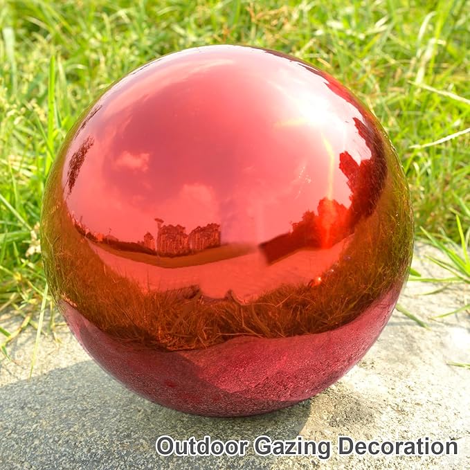Nerien 8 Inch Gazing Ball, Stainless Steel Garden Mirror Globe, Polished Ornament Sphere, Hollow Floating Reflective Hemisphere, Home Outdoor Pond Housewarming Swimming Pool Decoration Gift, Red