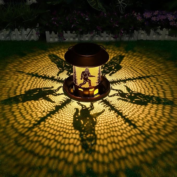 Bird Feeders for Outdoors Solar Lanterns Outdoor Waterproof Bigfoot Hanging Garden Decor Birthdays for Women Mom Metal Solar Decoration Outside for Yard, Patio, Lawn(Sasquatch Pattern)
