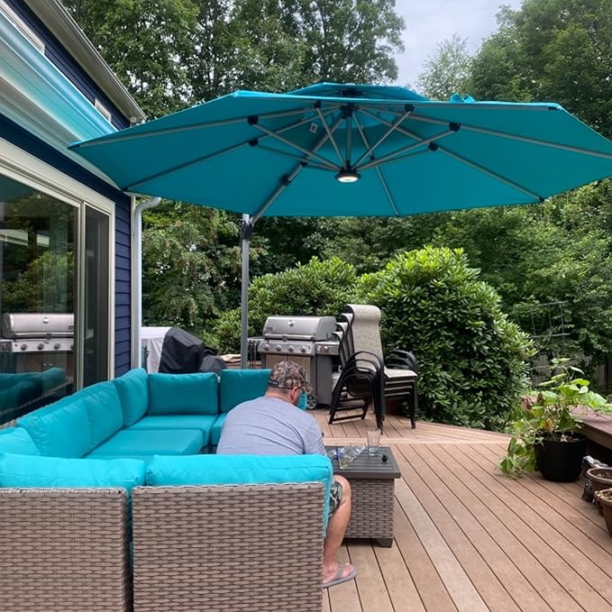 PURPLE LEAF 12 Feet Double Top Round Deluxe Patio Umbrella Offset Hanging Umbrella Outdoor Market Umbrella Garden Umbrella, Turquoise Blue