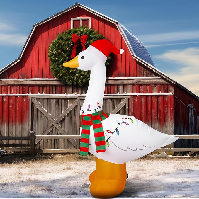 6Ft Christmas Goose Inflatable with Built in LED Lights Goose Xmas Blow-Up Lawn Decoration for Winter Home Garden Yard Holiday Party Indoor Outdoor Decor