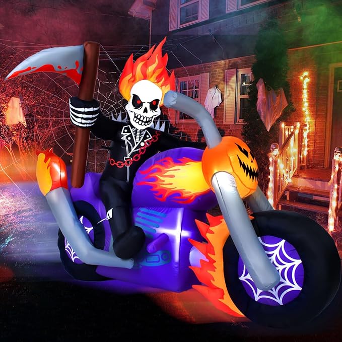 6 FT Halloween Inflatable Grim Reaper Motorcycle Rider Scary Halloween Blow Up Outdoor Decorations Grim Reaper Riding on Motorbike with Built-in LEDs Garden Blow up Yard Decor