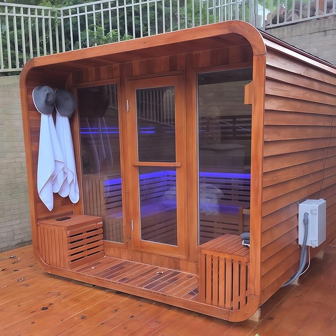 Customize Outdoor Steam Sauna 4-10 Person, Canadian Hemlock, Red Cedar Sauna, Porch Option, Glass Window Option, Wood Burning Stove or Harvia Heater, ETL Certificate(0-195 °F)