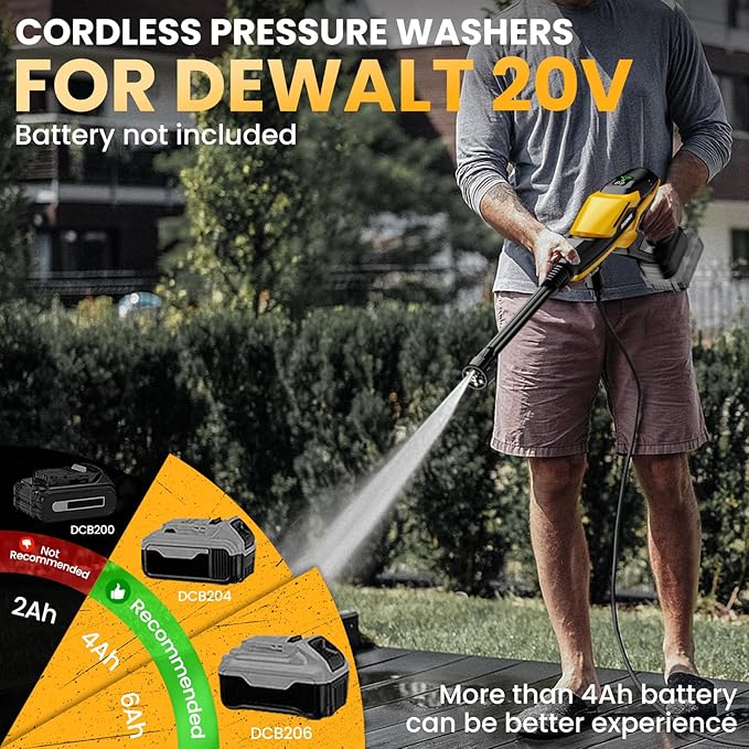 Cordless Pressure Washer for Dewalt 20V Battery, 800 PSI Portable Handheld Power Washer with Brushless Motor, 6-in-1 Nozzle, 3 Level Adjustable for Car Yard Fence Wall Cleaning (Battery Not Included)