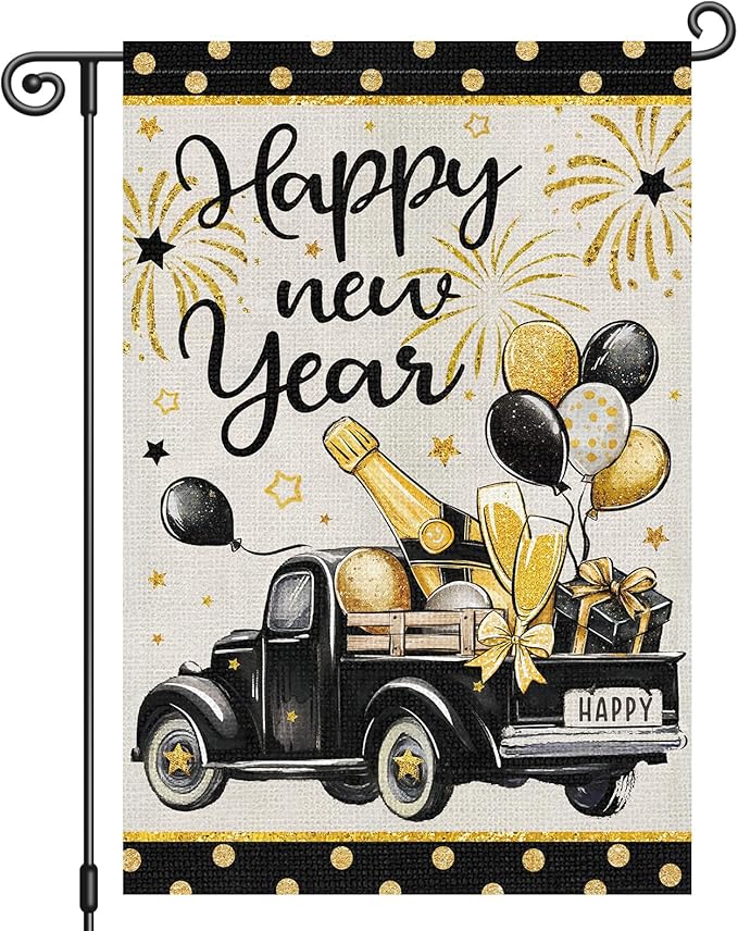 Heyfibro Happy New Year Truck Garden Flag 12x18 Inch Double Sided Black Gold Champagne Balloon Garden Flag Decorative Firework Yard Flags for Outside House Farmhouse Holiday Outdoor Decoration