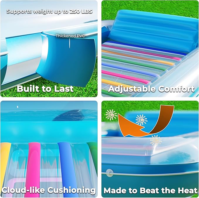 JAMBO Inflatable Tanning Pool Lounger Float, 70 x 47 Sun Tanning Pool Float with Pillow, Water Lounge Raft, Pool Floatie for Adults, Tanning Raft Pool Tub, Water Tanning Bed Kiddie Pool Tanning Floats