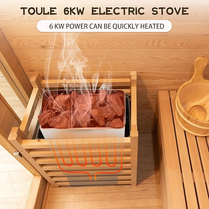 2 Person Outdoor Wooden Sauna Room,Canadian Cedar 220V 6KW Electric Stove Backyard Steam Sauna Kit with Light (Wood Color)