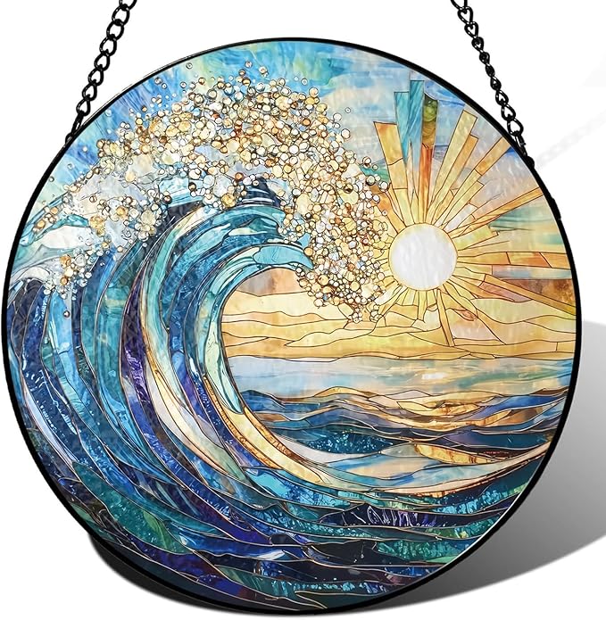 The Ocean Waves and The Sunrise Suncatcher -7.9 in Stained Glass Window Hanging Sun Catcher Garden Decor