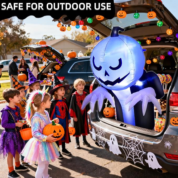 3.6 Ft Halloween Trunk or Treat Inflatable Car Decorations Kit, Blow Up Pumpkin Ghost Built in Blue LED Lights Quick-Inflating Outdoor Decor for Car, Halloween Party Yard Decor