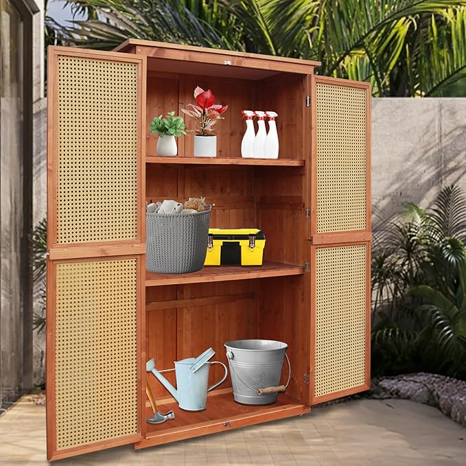 60 Inches Outdoor Storage Shed, Wood Shed with Rattan Indoor Storage Cabinet with Floor, Adjustable Shelves for Patio, Garden,Lawn and Living Room, Brown