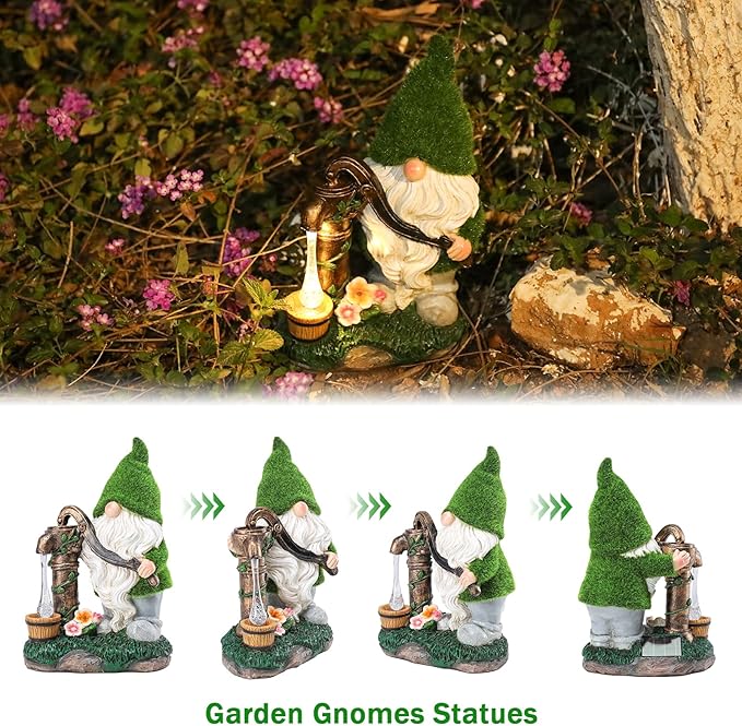 Garden Gnome Statue, Resin Pressurized Well with Water Gnome Figurine with Solar Lights for Porch Patio Yard Outdoor Decor