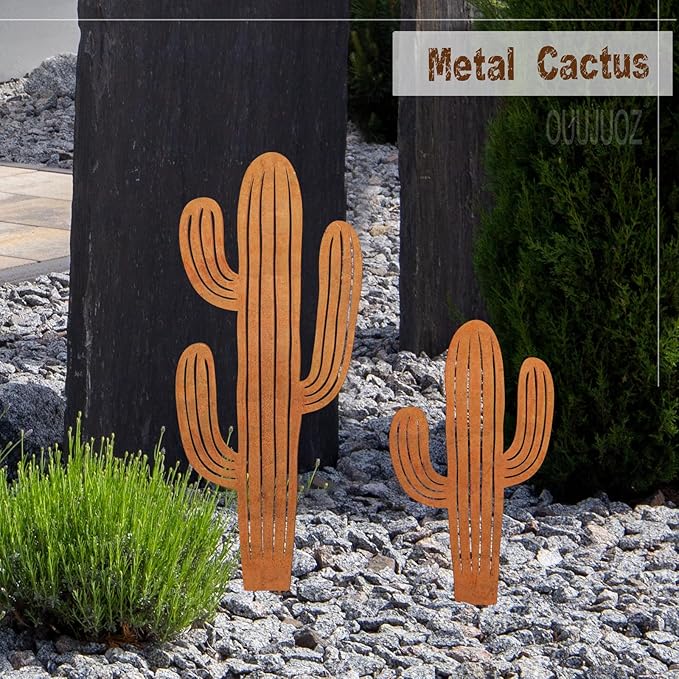2pcs Metal Cactus Outdoor Decor,Metal Plants Prickly Pear Cactus,Desert Steel Yard Art, Garden Decor、Lawn Decoration