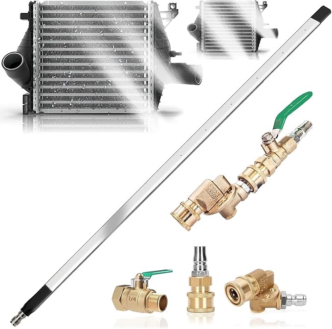 39 Inch Radiator Cleaning Wand, 4500 PSI Stainless Steel Radiator Cleaner Wand with Quick Connector, Dual Water & Air Blow Gun Adapter for Trucks, RVs, Heavy Equipment Pressure Washer