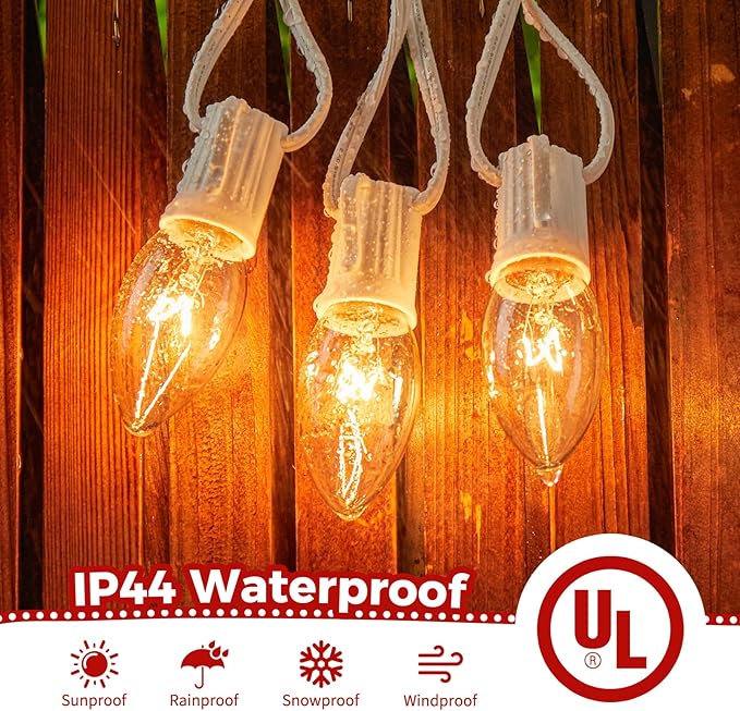 Minetom C9 Clear Christmas String Lights, 25FT 25 Blubs Bright & Warm Outdoor Christmas Lights, Long Life C9 String Lights for Tree Patio Gazebo Wreath, White Wire