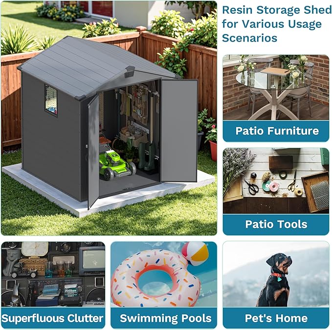 Devoko 6x6 FT Plastic Outdoor Storage Shed - Lockable Resin Tool Shed with Window & Floor - Easy Assembly for Garden, Backyard, Deep Gray