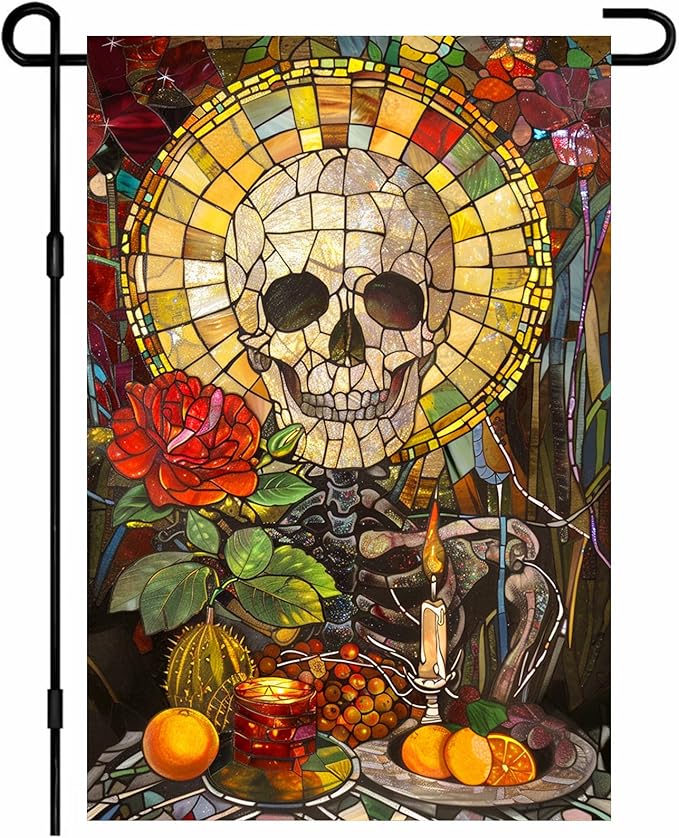 Halloween Horror Garden Flag 12x18 Inch Stained Glass Skull Candle Rose Flag Spooky Skull Outdoor Yard Decoration House Banner Porch Lawn Patio Home Decor