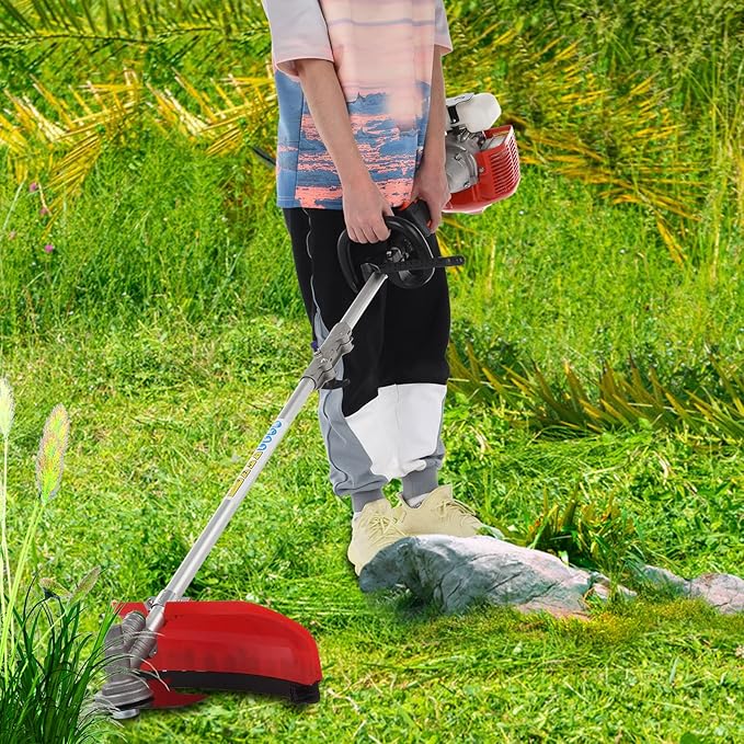 52cc Weed Wacker Gas Powered, 5 in 1 String Trimmer Gas Weed Eater Cordless Weed Wacker Hedge Trimmer Brush Cutter Grass Trimmer Strong Powerful Full Functioning Guard Accessories (red)
