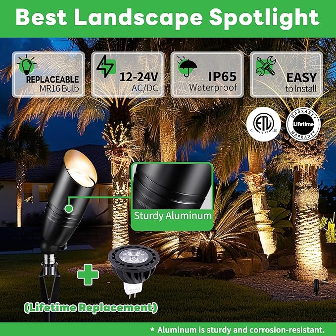 Black LED Outdoor Spotlights, Durable Low Voltage Landscape Lighting, Aluminum Waterproof Uplights for House, Garden, Lawn with 5W MR16 Bulb 4000K 10 Pack