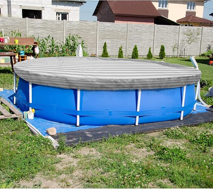 ECOOPTS 8 ft Round Pool Cover for Above Ground Pools, Swimming Pool Cover Protector Winter Safety Cover (Gray White Stripes)