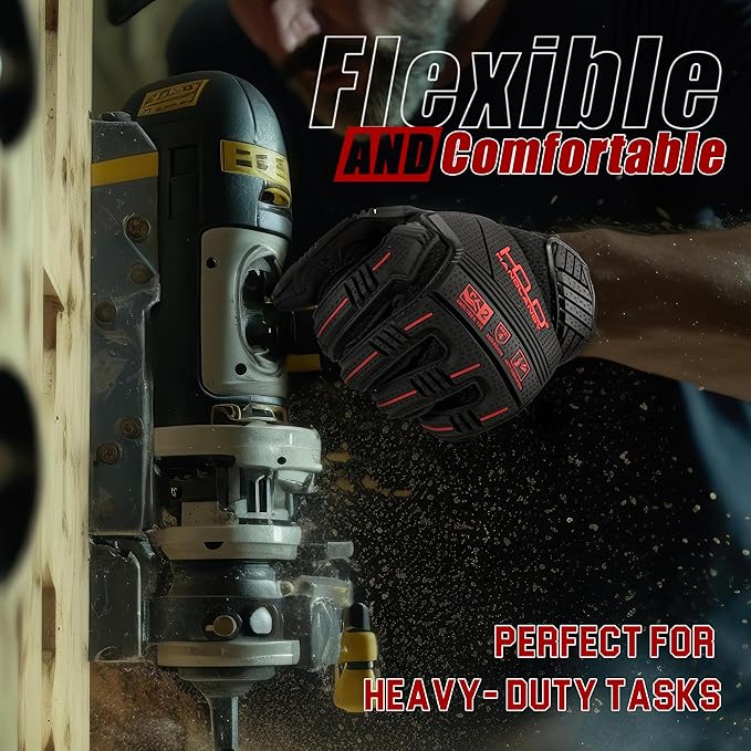 HANDLANDY Anti Vibration Gloves, SBR Padding, TPR Protector, Mechanic Work Gloves (Large, Black)