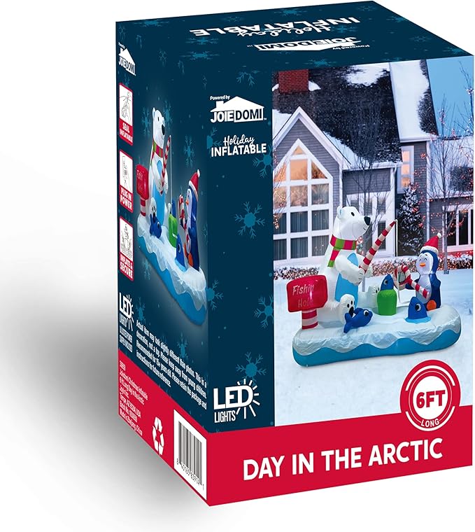 Joiedomi 6 FT Long Christmas Inflatable Penguin & Polar Bear Decoration, Blow Up Yard Decoration Fishing Hole Sign with Build-in LEDs for Christmas Party Indoor Outdoor Yard Garden Lawn Decorations