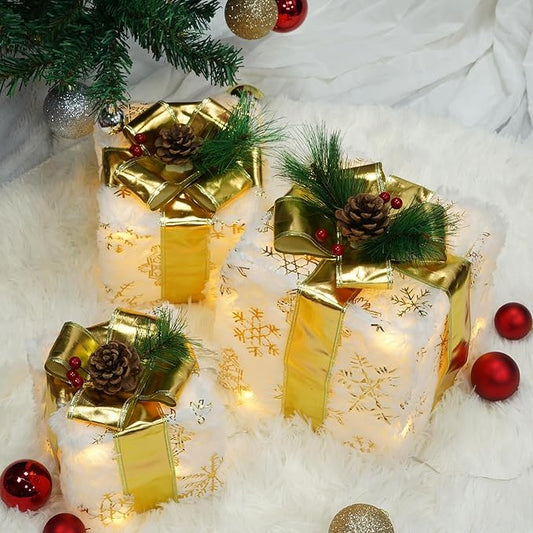Set of 3 Christmas Lighted Gift Boxes, 60 LED Light Up Present Boxes for Christmas Decorations Indoor Xmas Tree Holiday Party Porch Home Decor (Gold Bow)