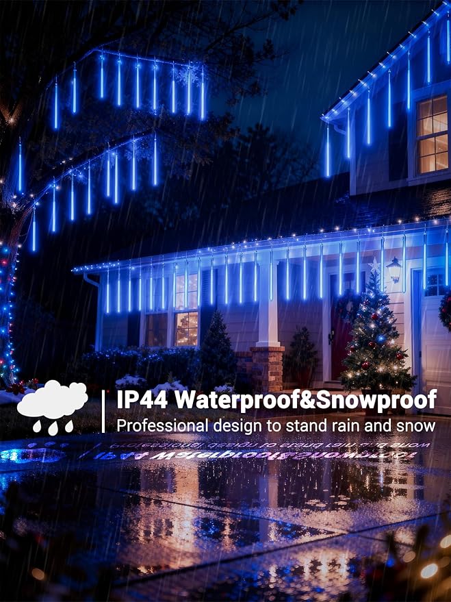 Flacchi Meteor Shower Icicle Lights - 5 Tubes 20" Each 270 LED Cascading Raindrop Lights, Timer Outdoor Waterproof Christmas Decorations for Holiday Party(Blue)