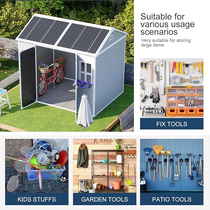 8x6 FT Resin Storage Sheds with Floor Windows Inlcuded, Waterproof Plastic Outdoor Shed Kit, Large Outside Tools Sheds for Backyard Garden Patio Lawn