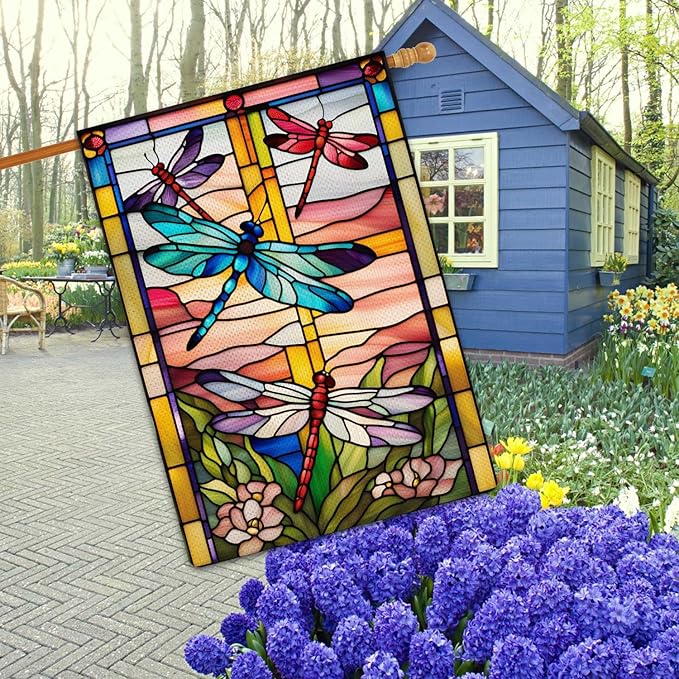Spring Summer Dragonfly Garden Flag Stained Glass Style Flowers Garden Flag Vertical Double Sided Rustic Farmland Burlap Yard Lawn Outdoor Decor 28x40"