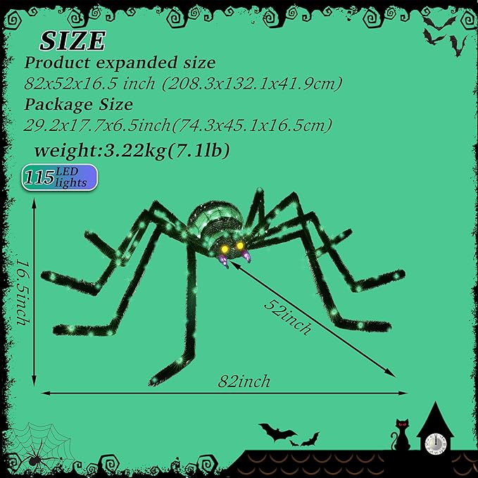 6.8Ft Giant Spider Halloween Decorations Outdoor 82" Light Up Spider with 115 LED Lights for Front Yard, Porch, Garden, Lawn, Halloween Party (Green)
