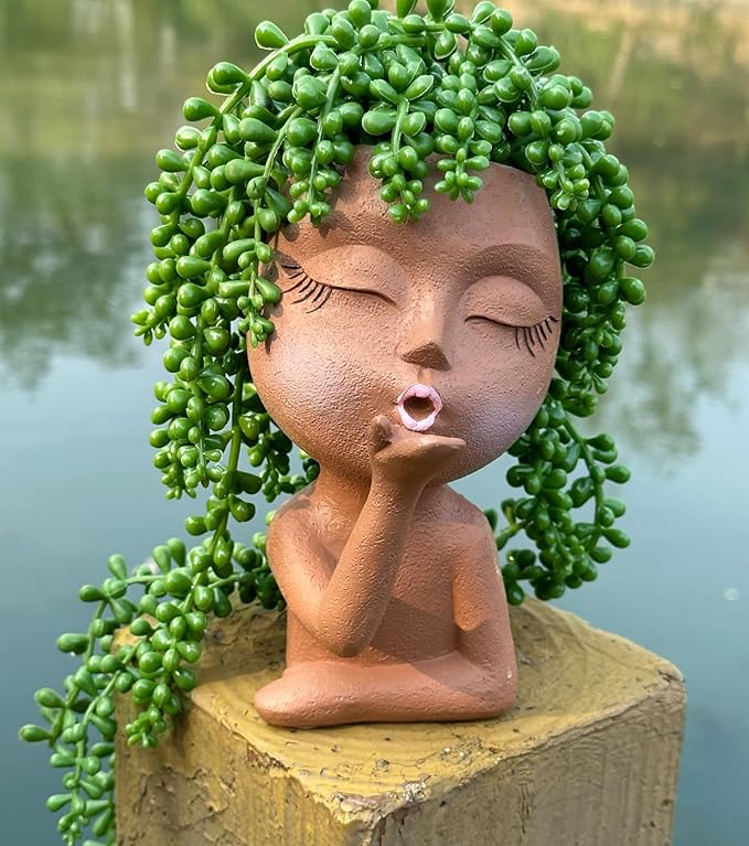 Smiley Face Flower Pot Head Planter for Indoor Outdoor Planter, Girl Statue Flower Pot, Cute Lady Plant Pot, Female Statue Vases with Faces,Succulent Garden Pot with Drainage, Brown