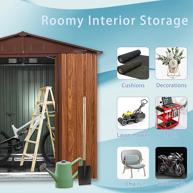 6x6 ft Outdoor Metal Storage Shed with Floor Foundation and Window, Lockable Galvanized Steel Tool Shed with Sliding Door and Air Vent, Waterproof Garden Storage House for Backyard, Patio