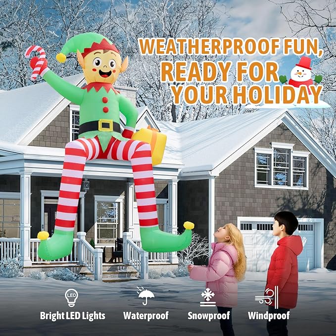 12FT Christmas inflatables, Christmas Inflatable Outdoor Decoration Sitting Elf with Built-in Led Lights, Christma Blow Ups Outdoor Roof Yard Lawn Xmas Decor