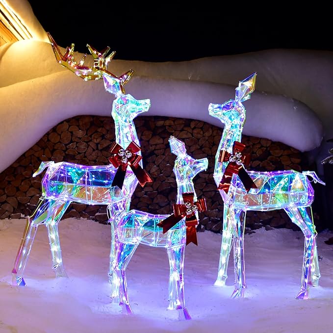 Outdoor Christmas Decorations Deer Family - HOYECHI 3-Piece Lighted Prismatic Reindeer with 465 LED Lights - Outside Yard Decor Kit, Stakes, Zip Ties - Iridescent