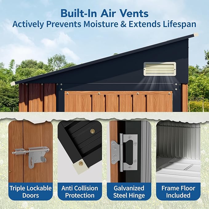 8x4 Ft Outdoor Metal Shed, Storage Shed with Floor & Triple Lockable Doors, Front & Side Door for Easy Access, Large Garden Tool Shed for Backyard, Patio, Lawn & Utility Storage