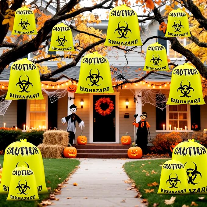 12 Pcs Large Halloween Leaf Bags Biohazard Halloween Decorations Halloween Trash Bags for Leaves Plastic Yard Lawn Waste Bag Scientist Biohazard Bag Outdoor Biohazard Zombie Party Decorations (Yellow)