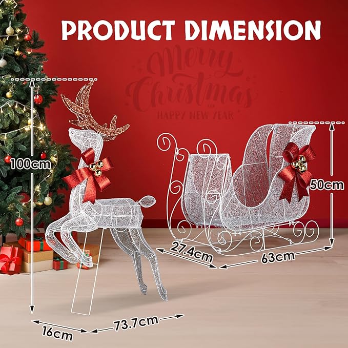 Christmas Decorations: Lighted Reindeer & Sleigh Outdoor Display, Multicolor, 270 LED Lights, Weatherproof, Easy Assembly