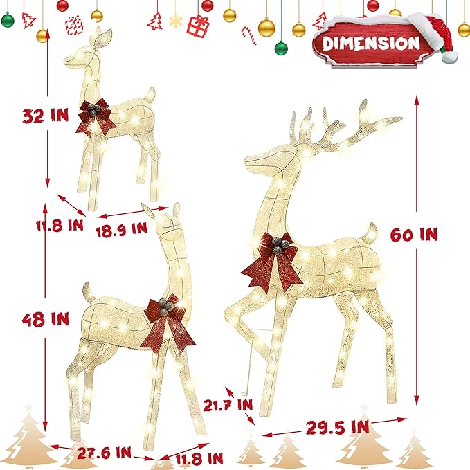 Lulu Home Set of 3 Pre-lit White Reindeer with 210 LEDs Warm White Lights, 3D Light Up Glittered Standing Reindeer Family for Xmas Lighted Holiday Display Indoor Outdoor