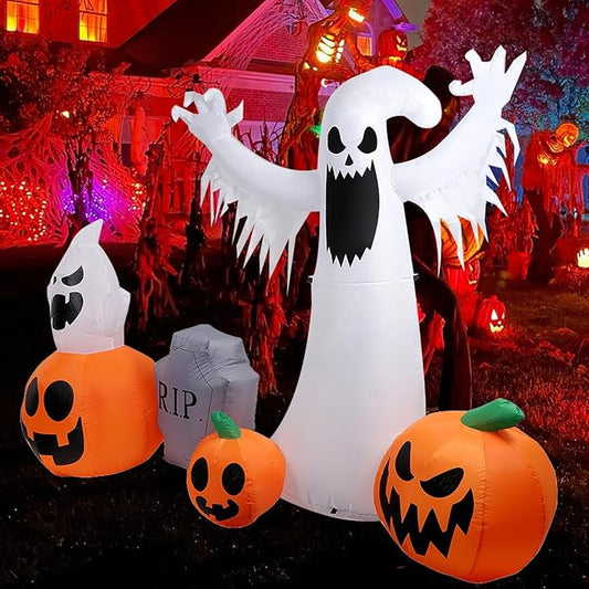8 FT Halloween Inflatables Ghost & Pumpkins Outdoor Decorations, Inflatable Blow Up Yard Decor with Color Changing LEDs, Inflatable Decorations Outdoorfor Yard Garden