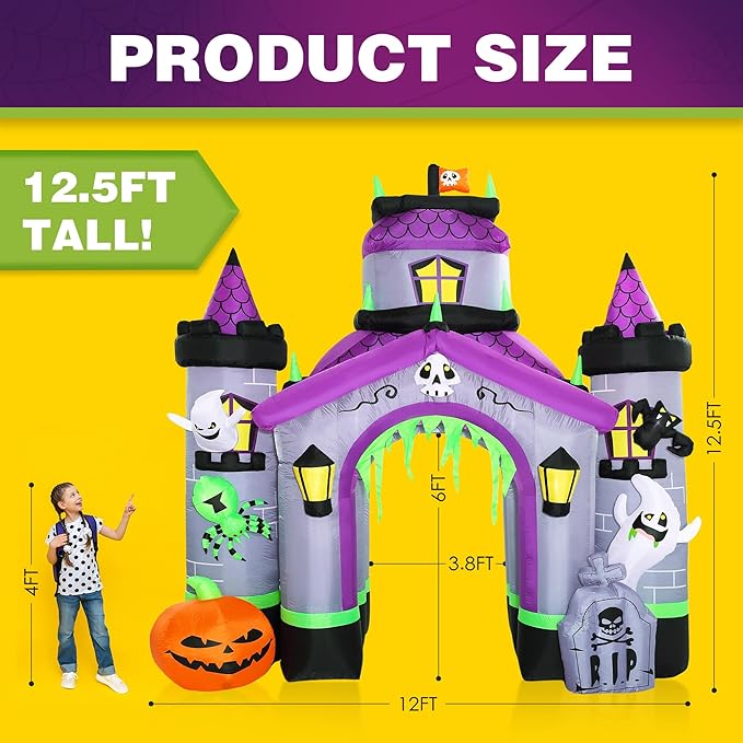 ZPISF Halloween Inflatables Giant 12.5 FT Haunted House Castle Archway Outdoor Decorations, Large Halloween Arch Blow Up Yard Decorations for Front Lawn Garden Decor