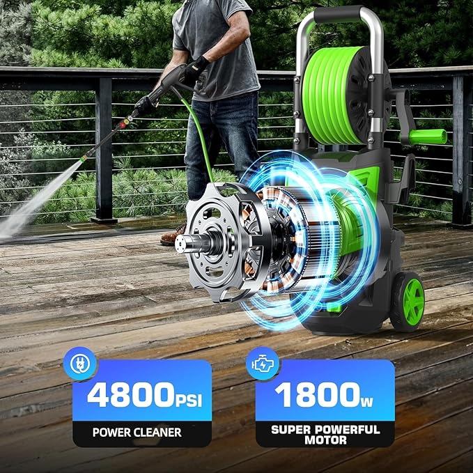 4800 PSI Pressure Cleaner- 4.0 GPM High Power Cleaner with 33FT Hose Reel, 4 Spray Tips and Soap Bottle for Car Washing, Fence Cleaning, Patio Maintenance（Upgraded）(Green)