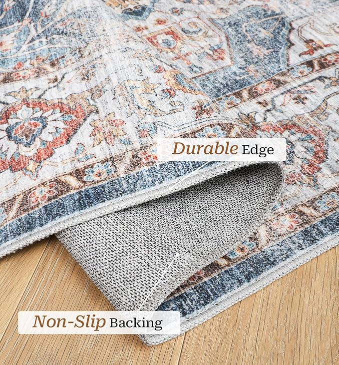 10x14 Area Rugs,Ultra-Thin Washable Rugs for Living Room,Non-Slip Lightweight Foldable Area Rug,Stain Resistant Vintage Large Rugs (Navy,10'x14')