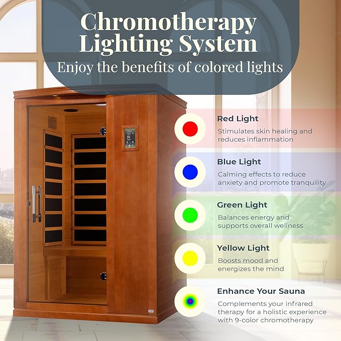 DYNAMIC SAUNAS Venice Elite 2-Person Ultra Low EMF FAR Infrared Sauna with Red Light Therapy & Bluetooth Speakers | Personal Indoor Dry Heat Sauna for Home & Gym – Made from Canadian Hemlock