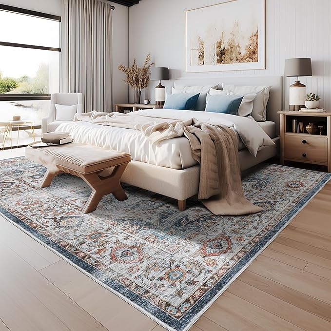 10x14 Area Rugs,Ultra-Thin Washable Rugs for Living Room,Non-Slip Lightweight Foldable Area Rug,Stain Resistant Vintage Large Rugs (Navy,10'x14')