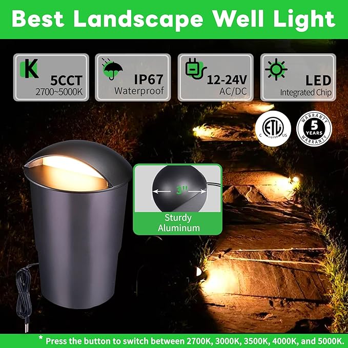 In Ground Well Lights 2700K - 12V Wired One Directional Inground Fixture, 5 Colors Ground Landscape Lighting, LED ORB Aluminum for Patio Sideway Pathway 3W 170LM 12 Pack