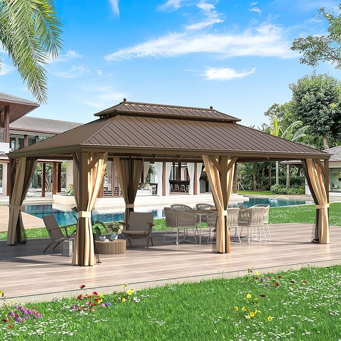 YOLENY 14'x22' Gazebo, Hardtop Gazebo with Galvanized Steel Double Roof, Pergolas Aluminum Frame, Netting and Curtains Included, Metal Outdoor Gazebos for Garden, Lawns