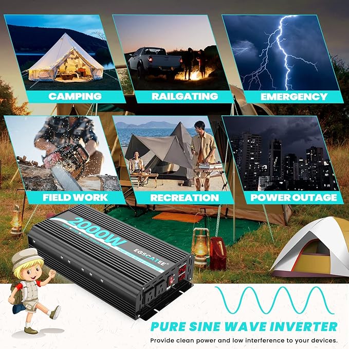 24V 2000W Pure Sine Wave Power Inverter 24V DC to 120V AC Converter for Car, Truck, Home, Vehicles,Boat, Car Power Converter with 2 AC Outlets, USB Ports, LCD Display