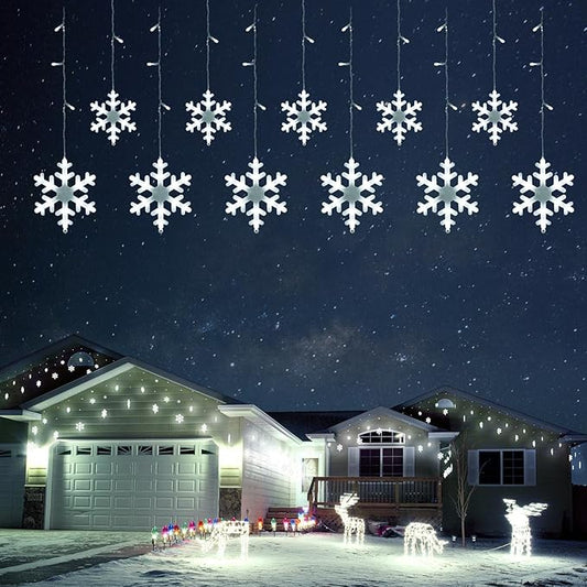 Christmas Snowflake Lights, 11.48ft Outdoor Led Icicle Christmas Lights with 14 Drops, Waterproof Snowflake Emit Cool White Lighting for Eaves, Window, Curtain Xmas Decorate