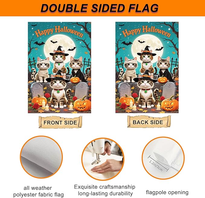 IVN Happy Halloween Garden Flag 12x18 Inch Double Sided Witch Cat Tombstone Bat Pumpkin Moon Outdoor Yard Flag for Outside Front Door Lawn Porch Patio Welcome Decor